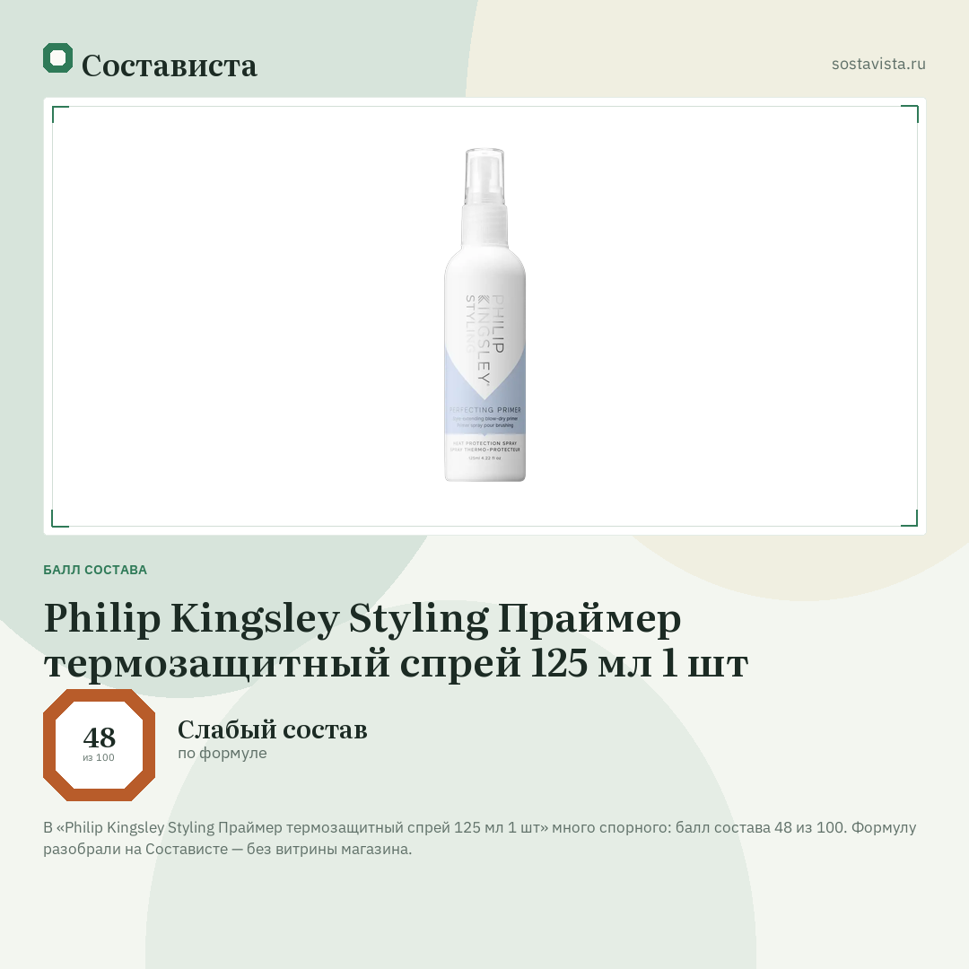 Philip Kingsley Styling Праймер термозащитный спрей 125 мл 1 шт: балл состава 48 из 100 — Состависта