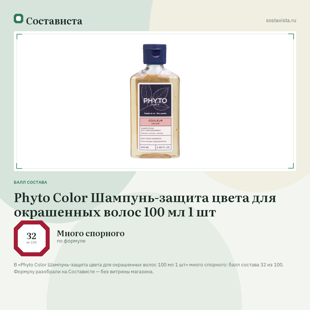 Phyto Color Шампунь-защита цвета для окрашенных волос 100 мл 1 шт: балл состава 32 из 100 — Состависта