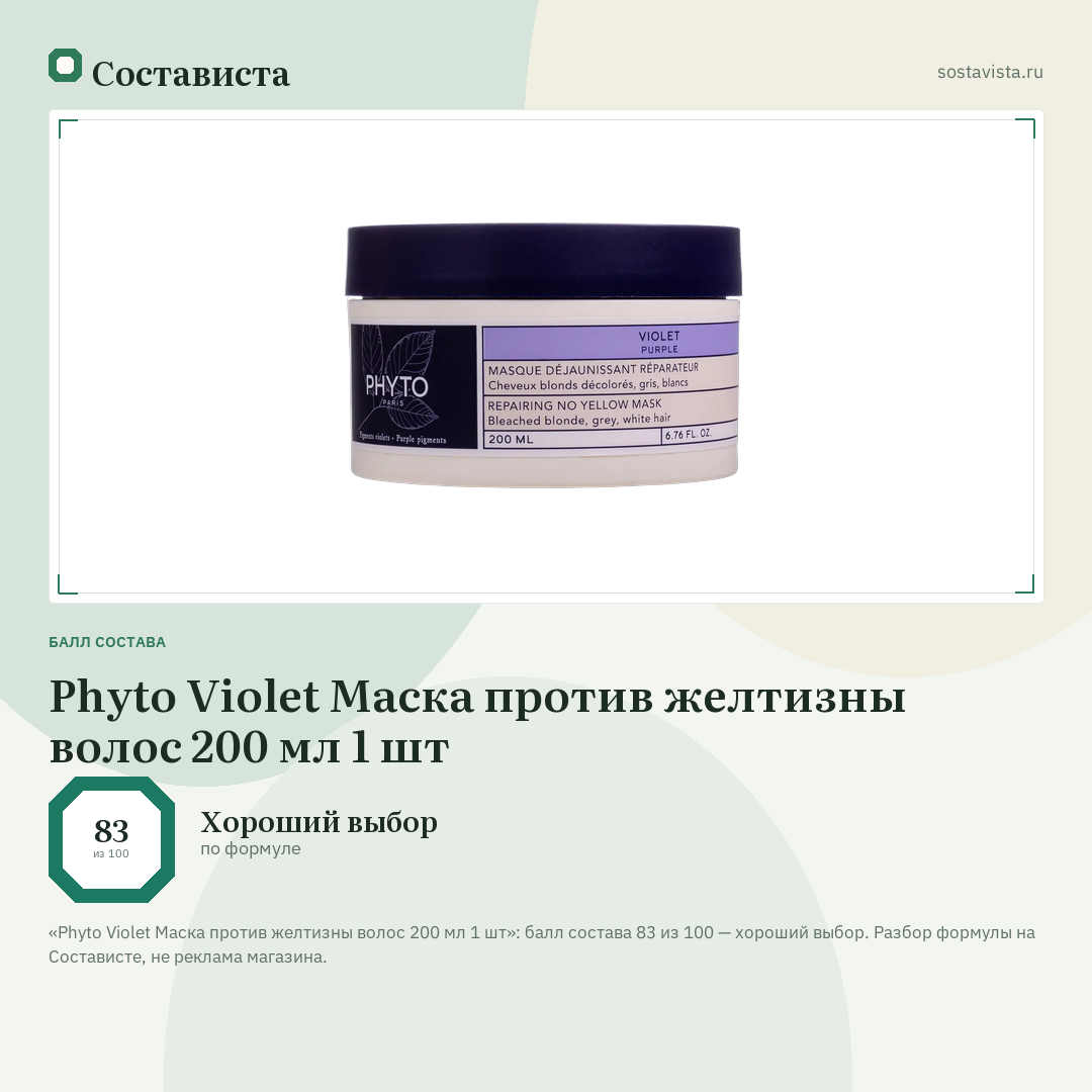 Phyto Violet Маска против желтизны волос 200 мл 1 шт: балл состава 83 из 100 — Состависта