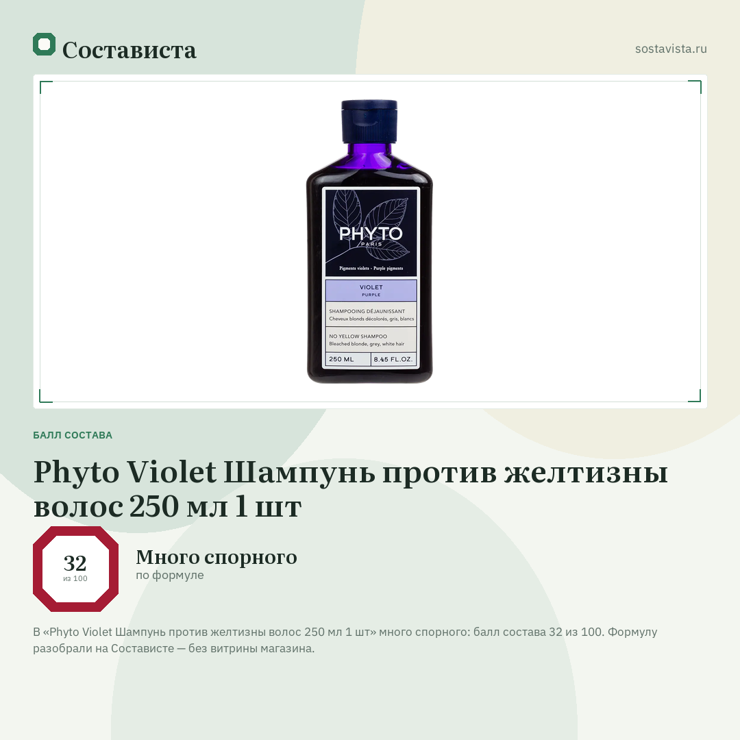 Phyto Violet Шампунь против желтизны волос 250 мл 1 шт: балл состава 32 из 100 — Состависта