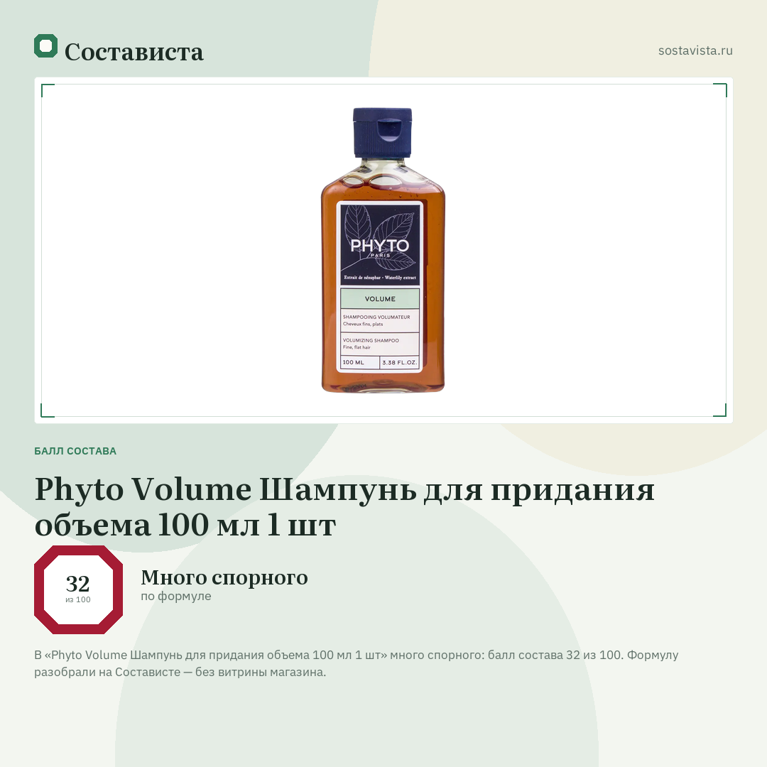 Phyto Volume Шампунь для придания объема 100 мл 1 шт: балл состава 32 из 100 — Состависта