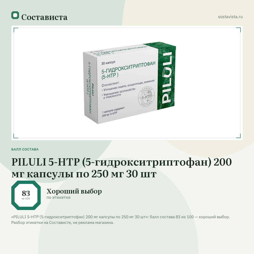 PILULI 5-НТР (5-гидрокситриптофан) 200 мг капсулы по 250 мг 30 шт: балл состава 83 из 100 — Состависта
