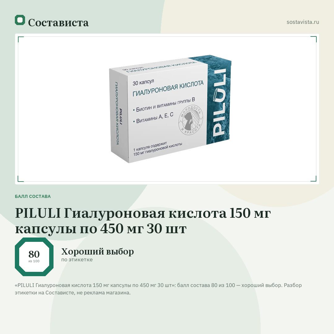 PILULI Гиалуроновая кислота 150 мг капсулы по 450 мг 30 шт: балл состава 80 из 100 — Состависта