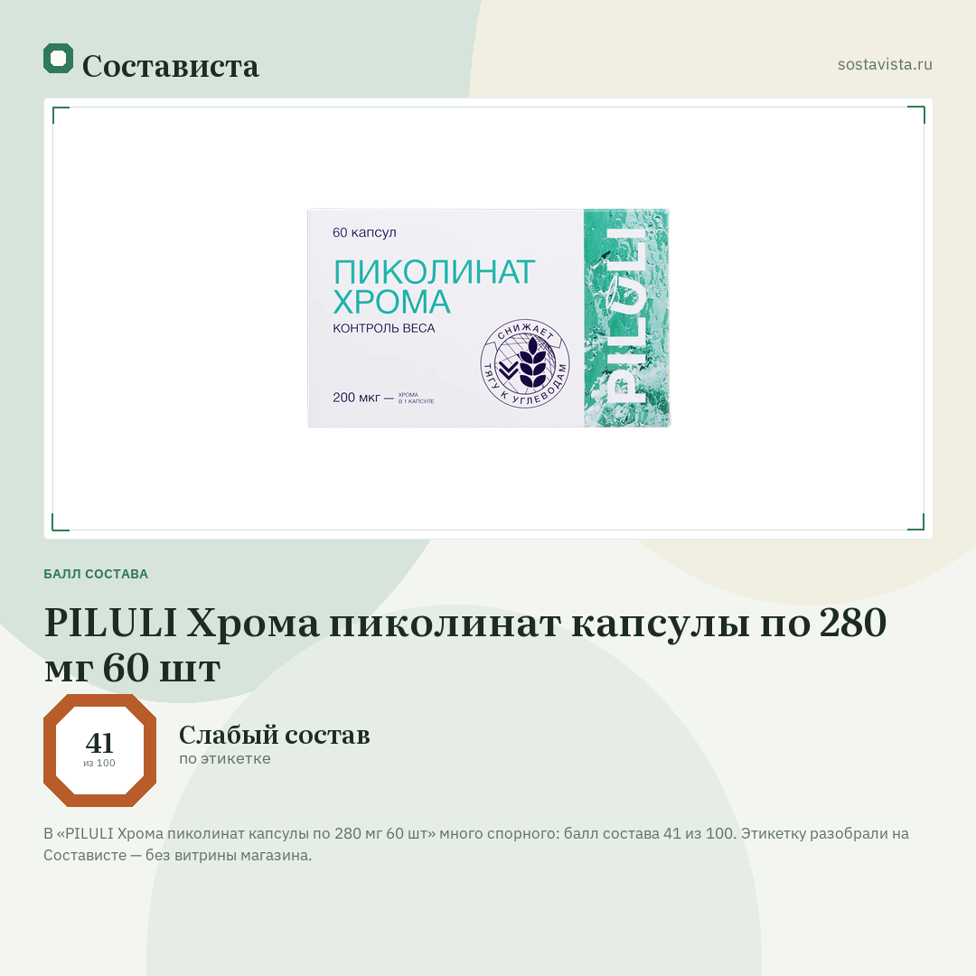 PILULI Хрома пиколинат капсулы по 280 мг 60 шт: балл состава 41 из 100 — Состависта