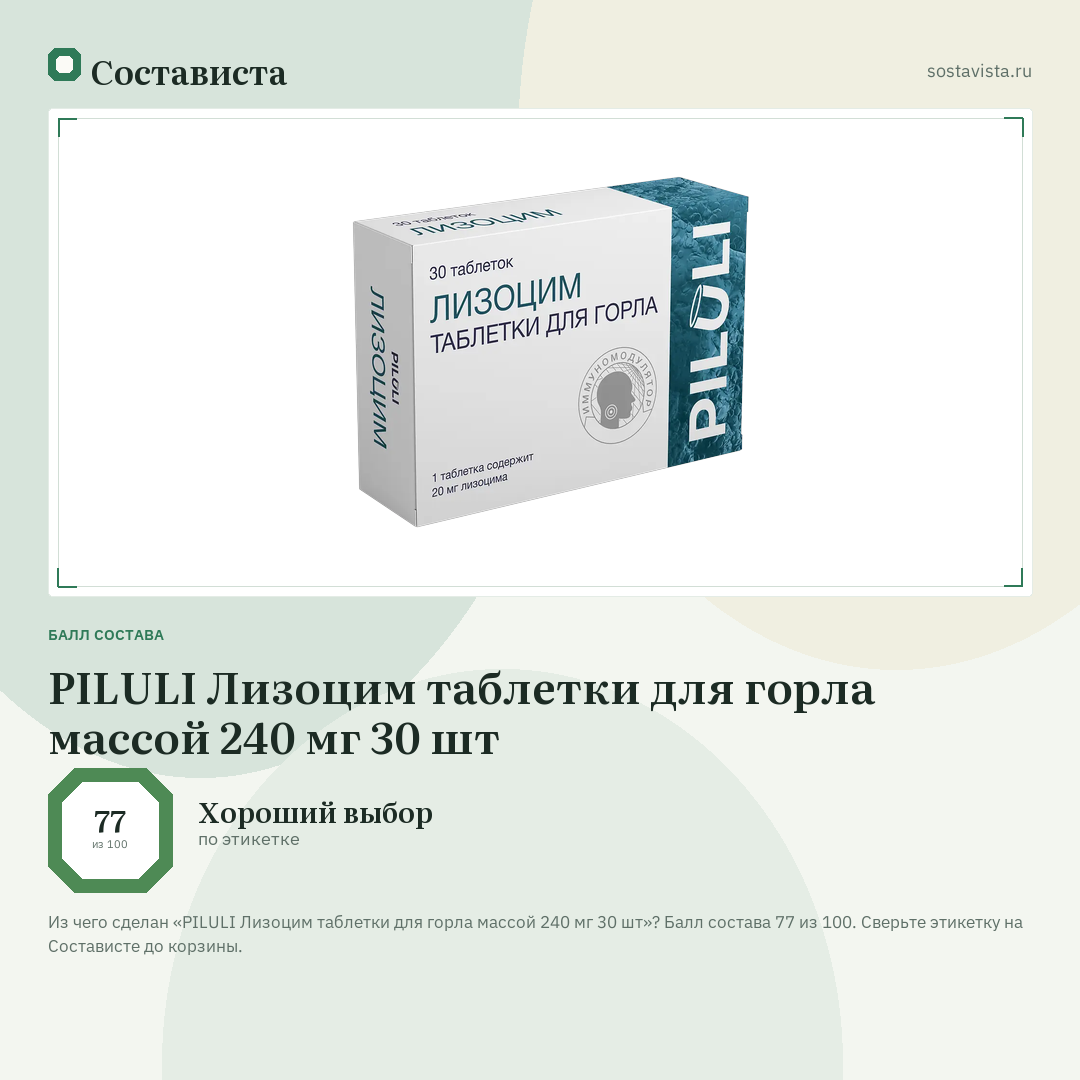 PILULI Лизоцим таблетки для горла массой 240 мг 30 шт: балл состава 77 из 100 — Состависта