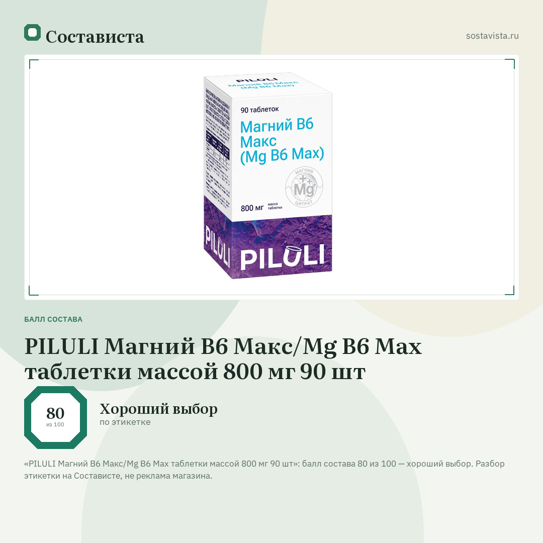 PILULI Магний В6 Макс/Mg B6 Max таблетки массой 800 мг 90 шт: балл состава 80 из 100 — Состависта
