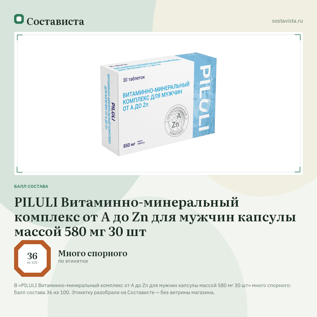 PILULI Витаминно-минеральный комплекс от А до Zn для мужчин капсулы массой 580 мг 30 шт: балл состава 36 из 100 — Состависта