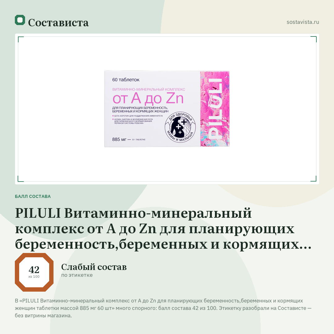 PILULI Витаминно-минеральный комплекс от A до Zn для планирующих беременность,беременных и кормящих женщин таблетки массой 885 мг 60 шт: балл состава 42 из 100 — Состависта