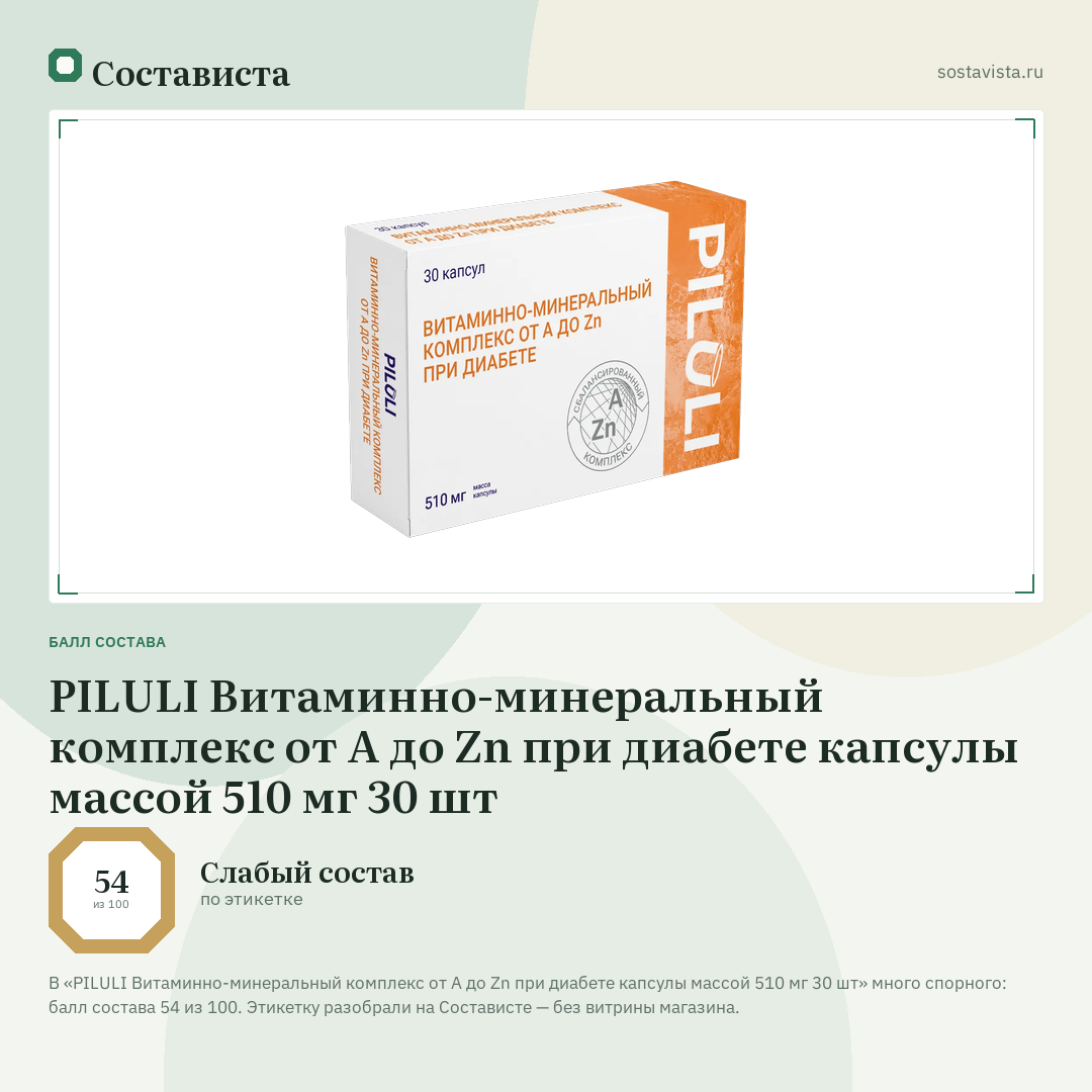 PILULI Витаминно-минеральный комплекс от А до Zn при диабете капсулы массой 510 мг 30 шт: балл состава 54 из 100 — Состависта