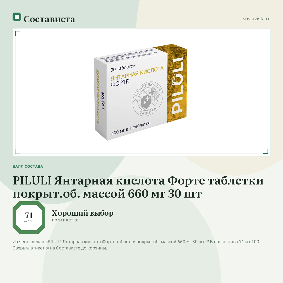 PILULI Янтарная кислота Форте таблетки покрыт.об. массой 660 мг 30 шт: балл состава 71 из 100 — Состависта