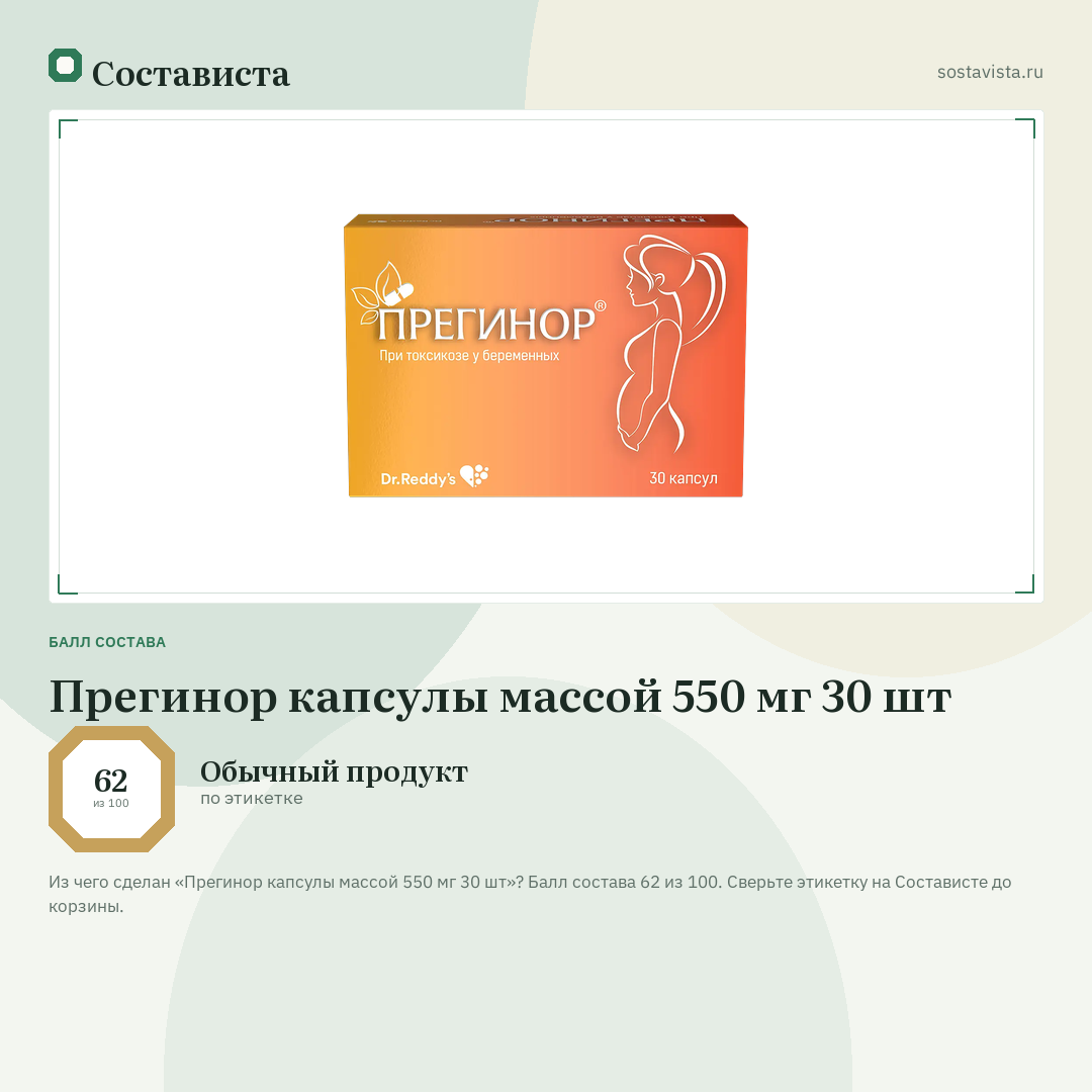 Прегинор капсулы массой 550 мг 30 шт: балл состава 62 из 100 — Состависта