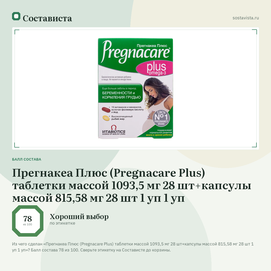 Прегнакеа Плюс (Pregnacare Plus) таблетки массой 1093,5 мг 28 шт+капсулы массой 815,58 мг 28 шт 1 уп 1 уп: балл состава 78 из 100 — Состависта