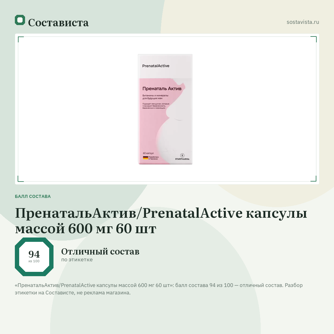 ПренатальАктив/PrenatalActive капсулы массой 600 мг 60 шт: балл состава 94 из 100 — Состависта