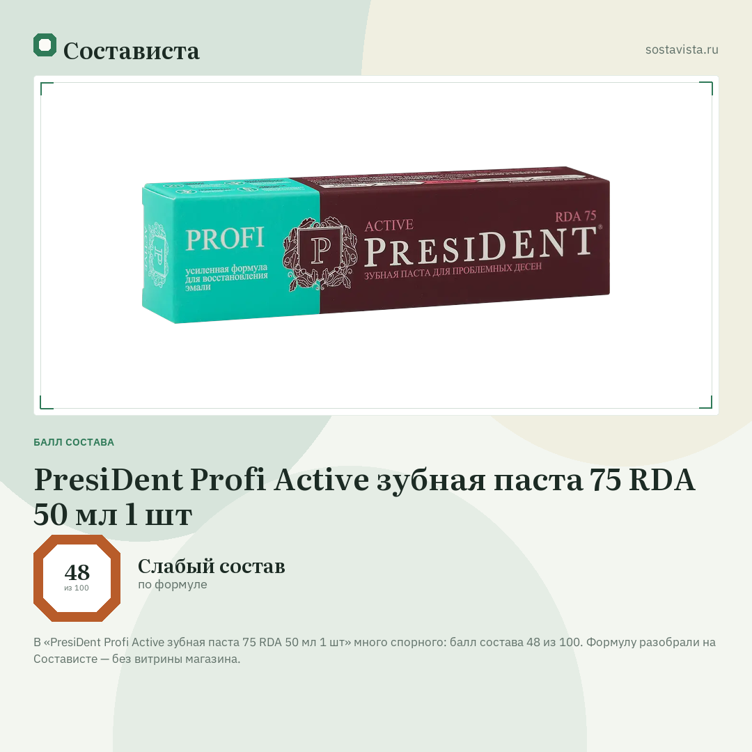 PresiDent Profi Active зубная паста 75 RDA 50 мл 1 шт: балл состава 48 из 100 — Состависта