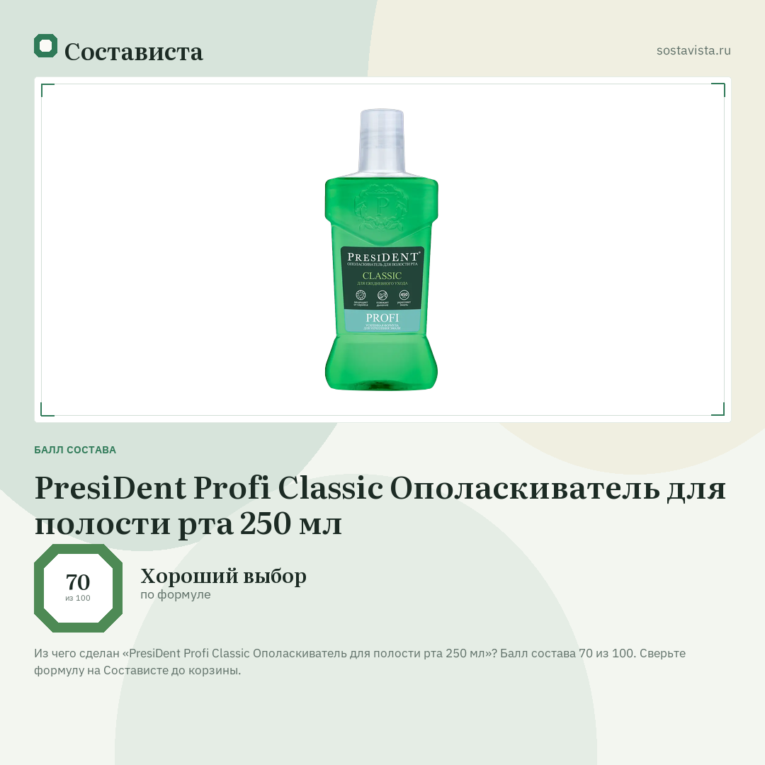 PresiDent Profi Classic Ополаскиватель для полости рта 250 мл: балл состава 70 из 100 — Состависта