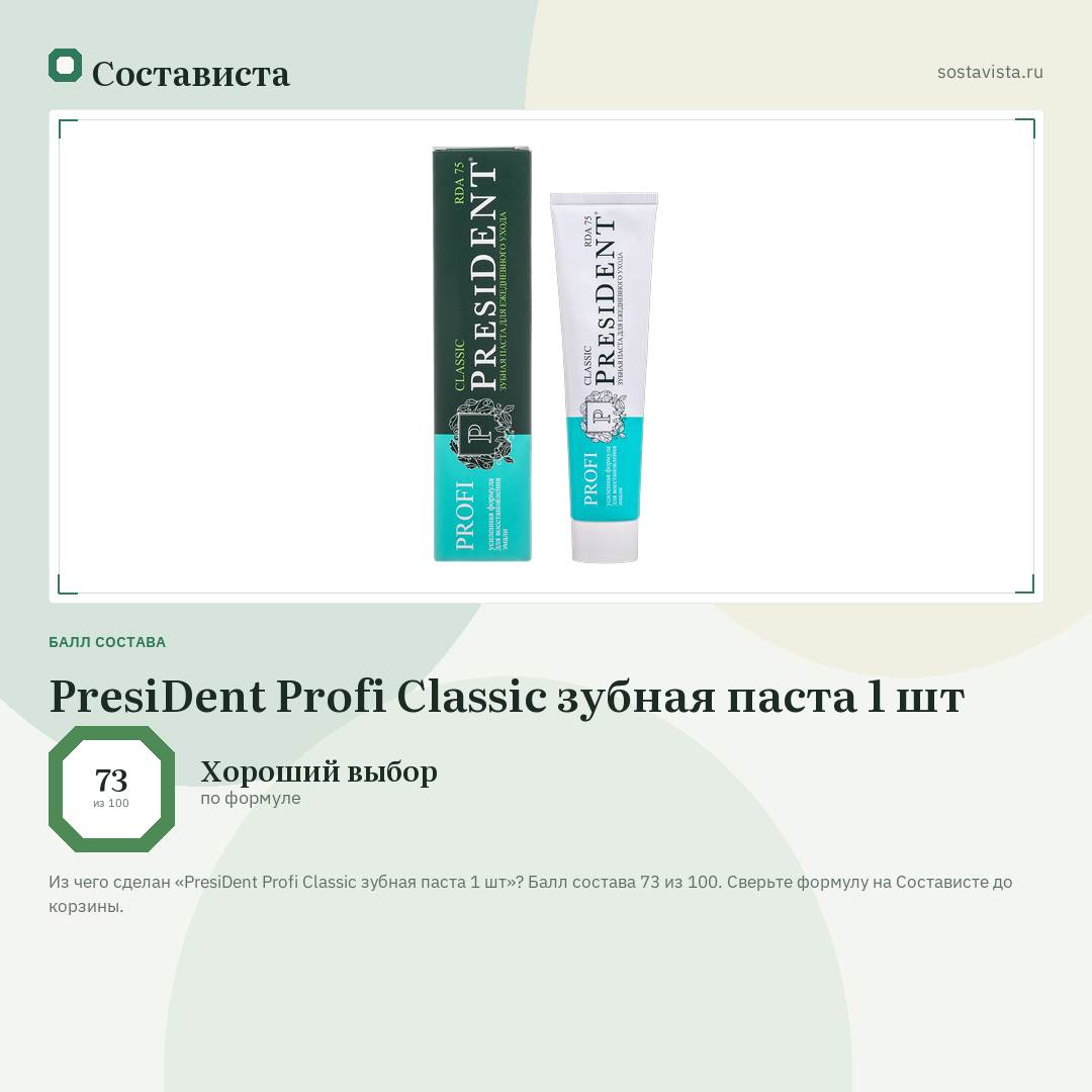 PresiDent Profi Classic зубная паста 1 шт: балл состава 73 из 100 — Состависта