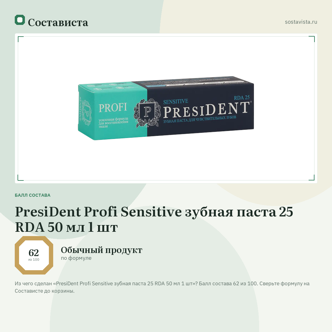 PresiDent Profi Sensitive зубная паста 25 RDA 50 мл 1 шт: балл состава 62 из 100 — Состависта
