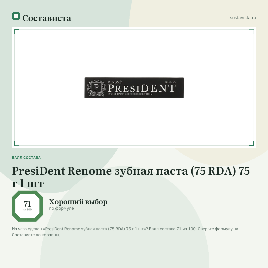 PresiDent Renome зубная паста (75 RDA) 75 г 1 шт: балл состава 71 из 100 — Состависта