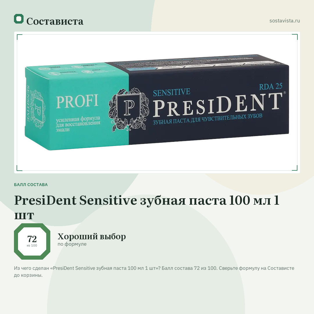 PresiDent Sensitive зубная паста 100 мл 1 шт: балл состава 72 из 100 — Состависта