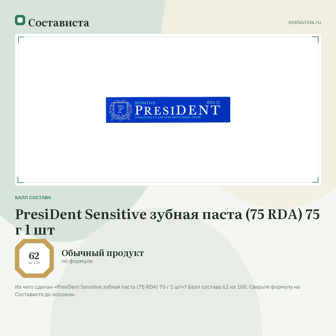 PresiDent Sensitive зубная паста (75 RDA) 75 г 1 шт: балл состава 62 из 100 — Состависта