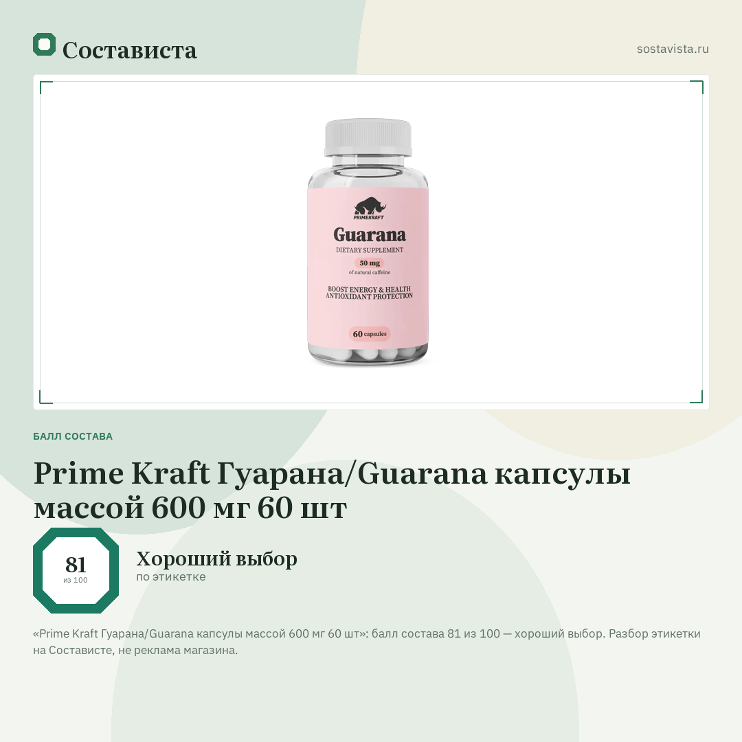 Prime Kraft Гуарана/Guarana капсулы массой 600 мг 60 шт: балл состава 81 из 100 — Состависта