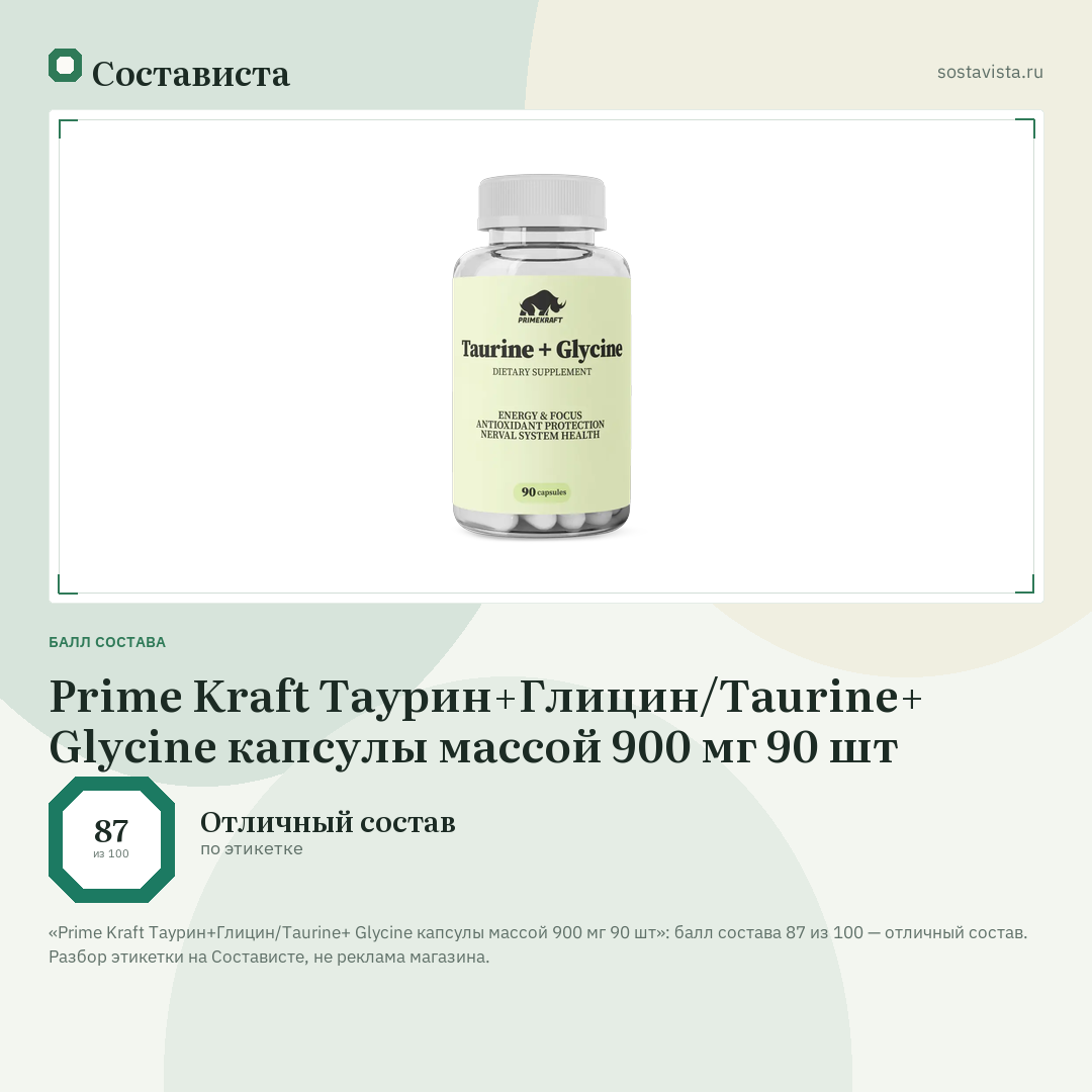 Prime Kraft Таурин+Глицин/Taurine+ Glycine капсулы массой 900 мг 90 шт: балл состава 87 из 100 — Состависта