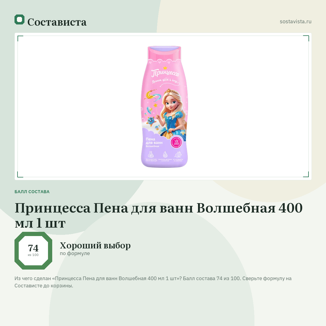 Принцесса Пена для ванн Волшебная 400 мл 1 шт: балл состава 74 из 100 — Состависта