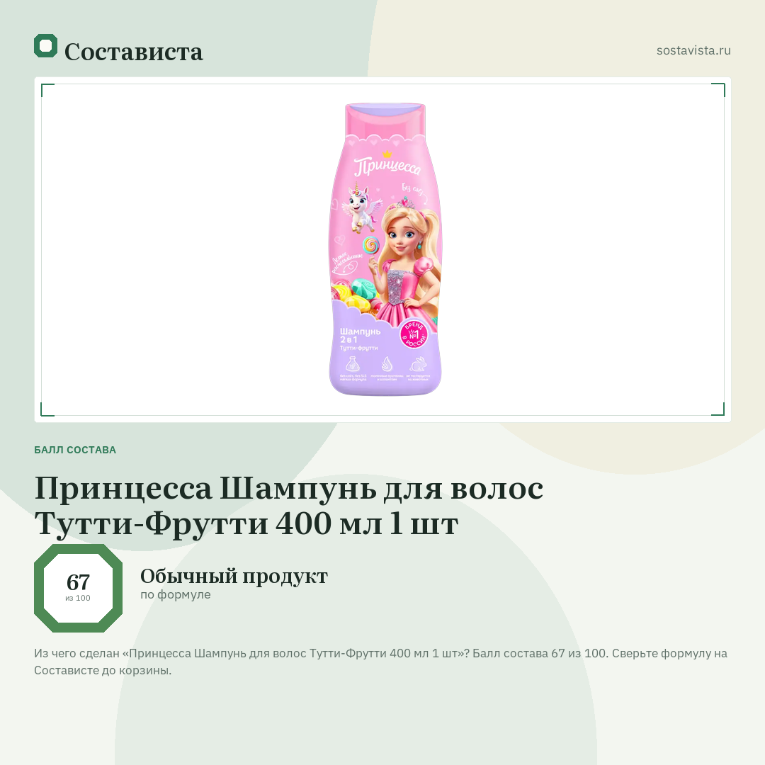 Принцесса Шампунь для волос Тутти-Фрутти 400 мл 1 шт: балл состава 67 из 100 — Состависта