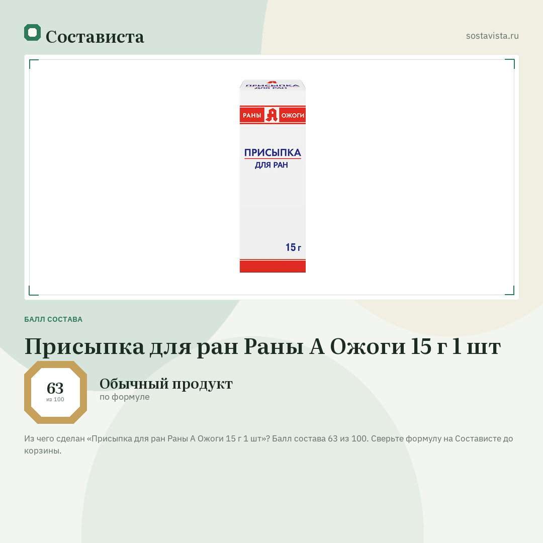 Присыпка для ран Раны А Ожоги 15 г 1 шт: балл состава 63 из 100 — Состависта