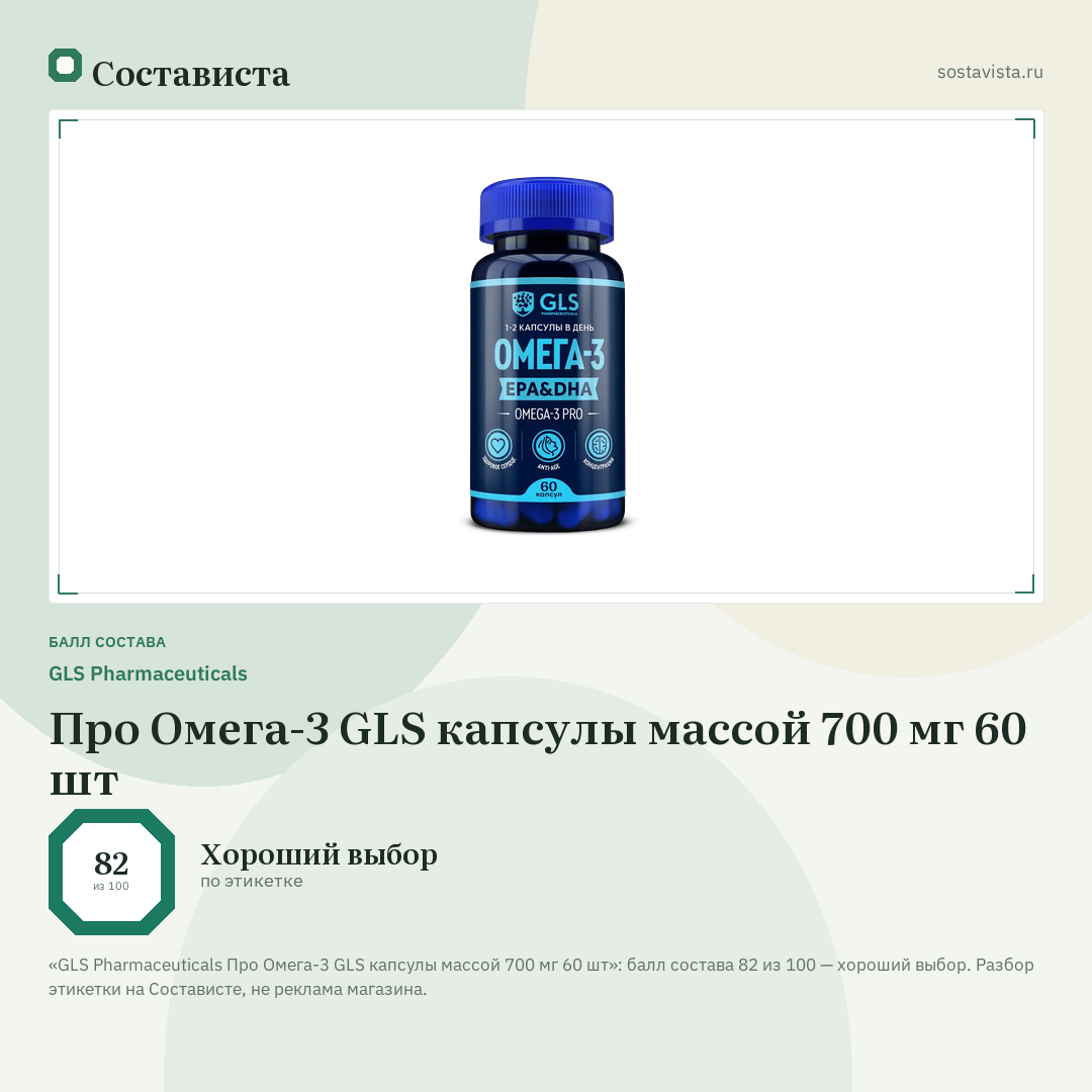 GLS Pharmaceuticals Про Омега-3 GLS капсулы массой 700 мг 60 шт: балл состава 82 из 100 — Состависта