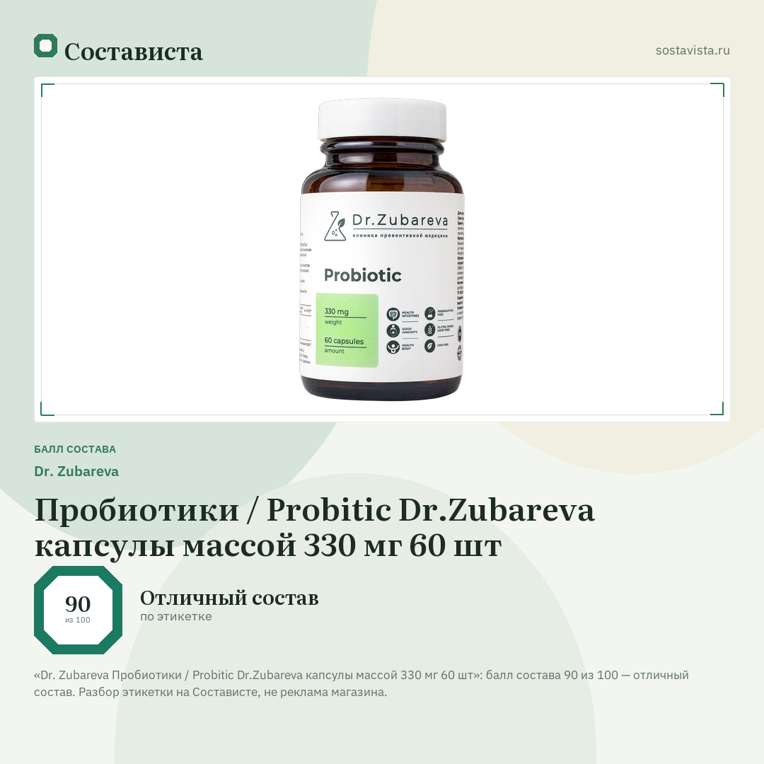 Dr. Zubareva Пробиотики / Probitic Dr.Zubareva капсулы массой 330 мг 60 шт: балл состава 90 из 100 — Состависта