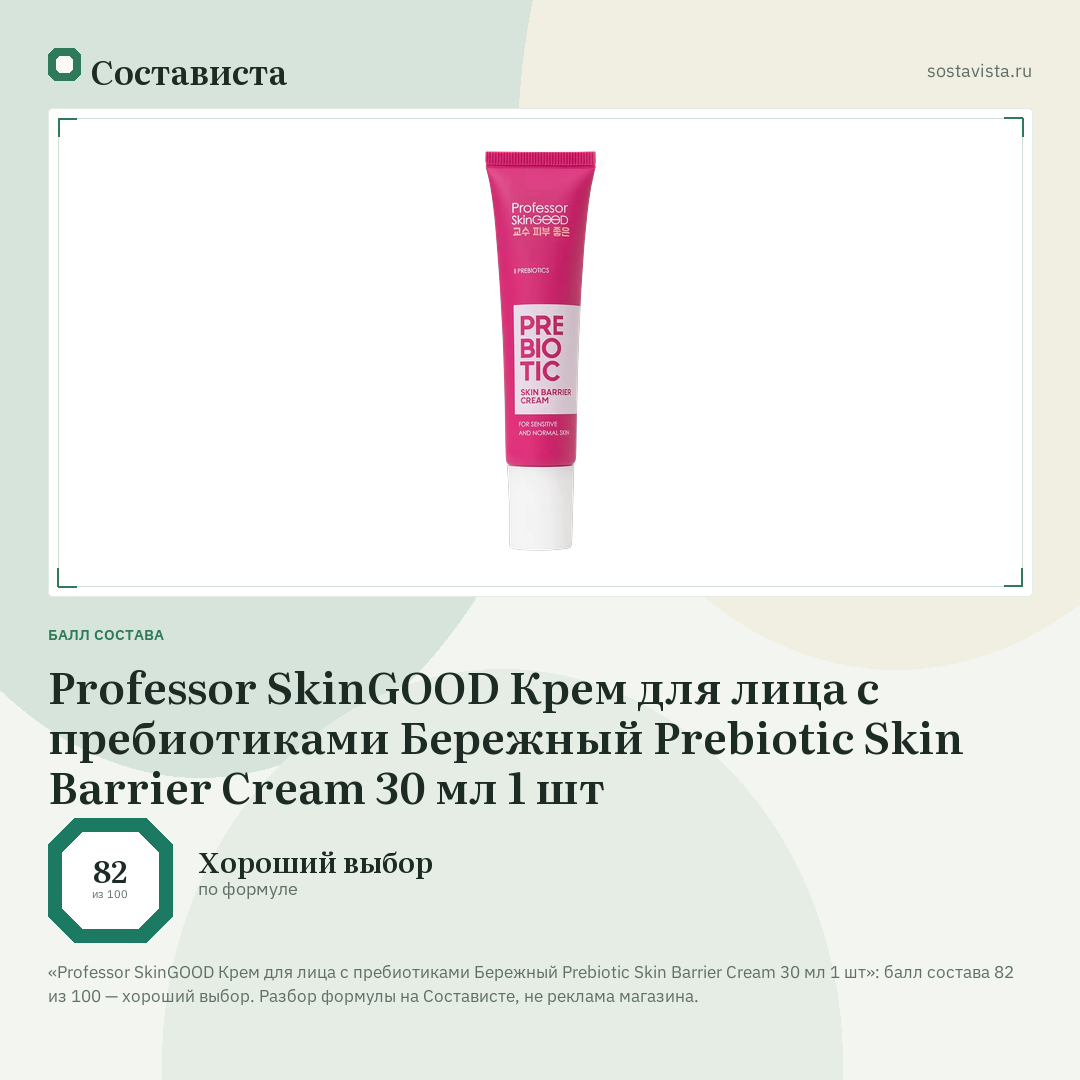Professor SkinGOOD Крем для лица с пребиотиками Бережный Prebiotic Skin Barrier Cream 30 мл 1 шт: балл состава 82 из 100 — Состависта