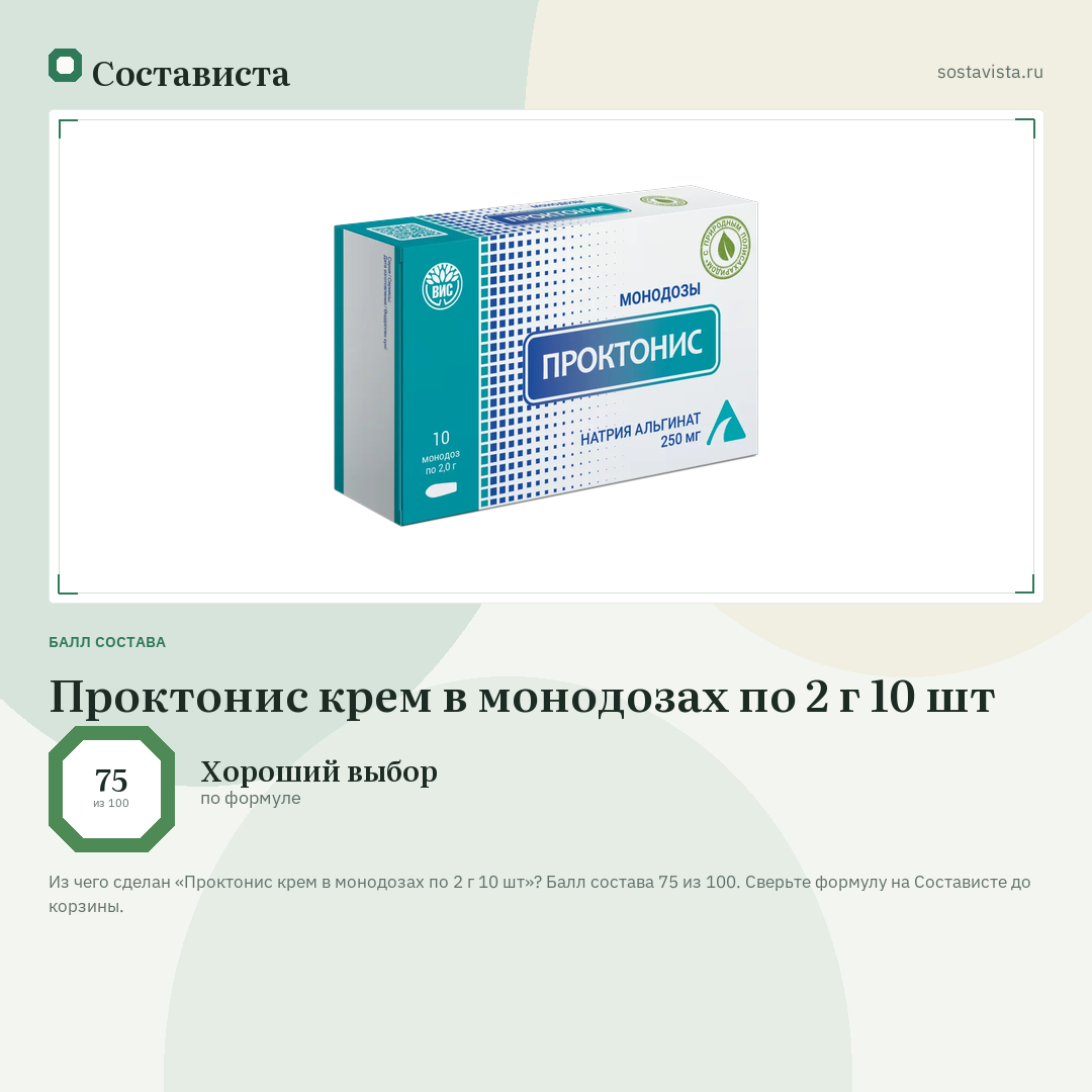 Проктонис крем в монодозах по 2 г 10 шт: балл состава 75 из 100 — Состависта