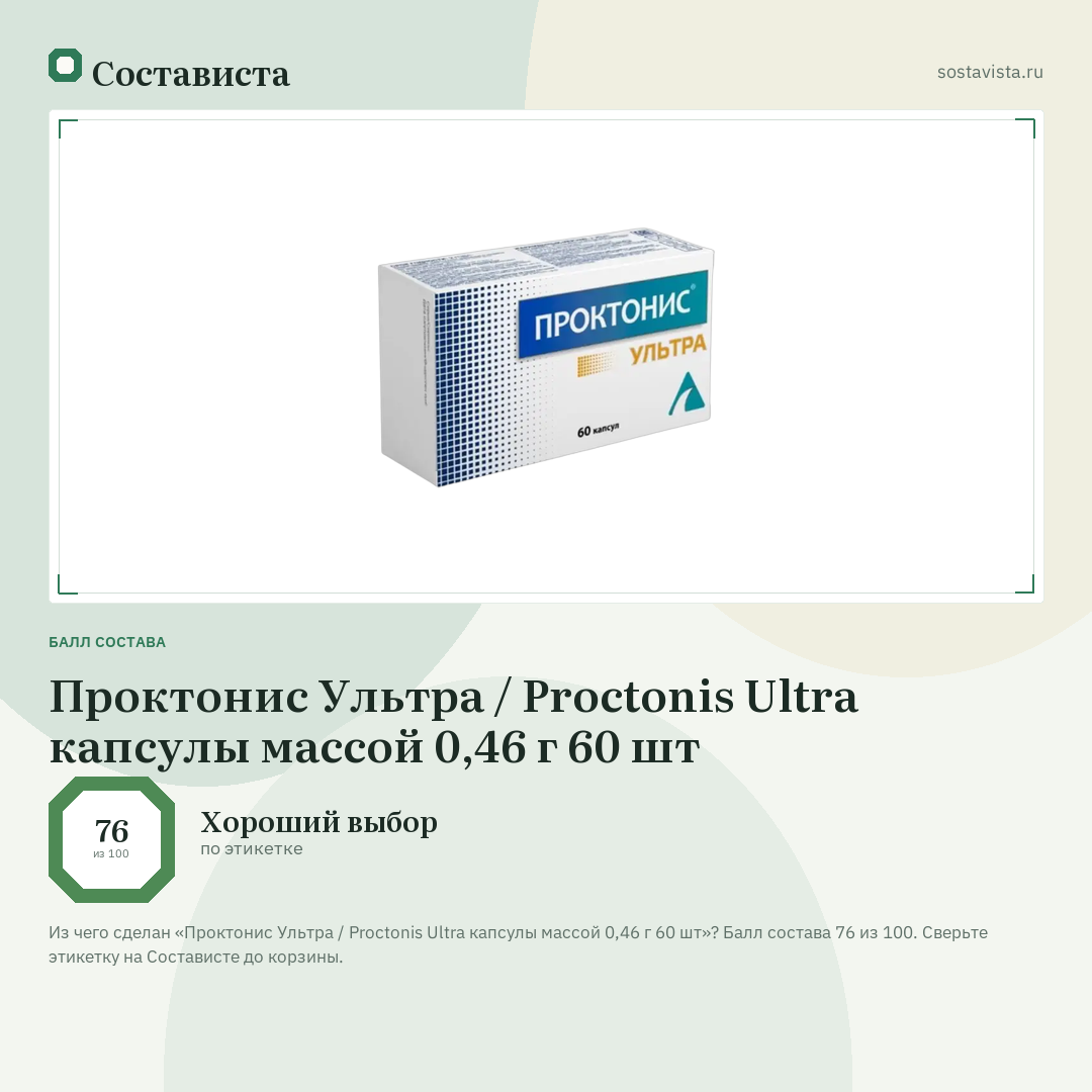 Проктонис Ультра / Proctonis Ultra капсулы массой 0,46 г 60 шт: балл состава 76 из 100 — Состависта