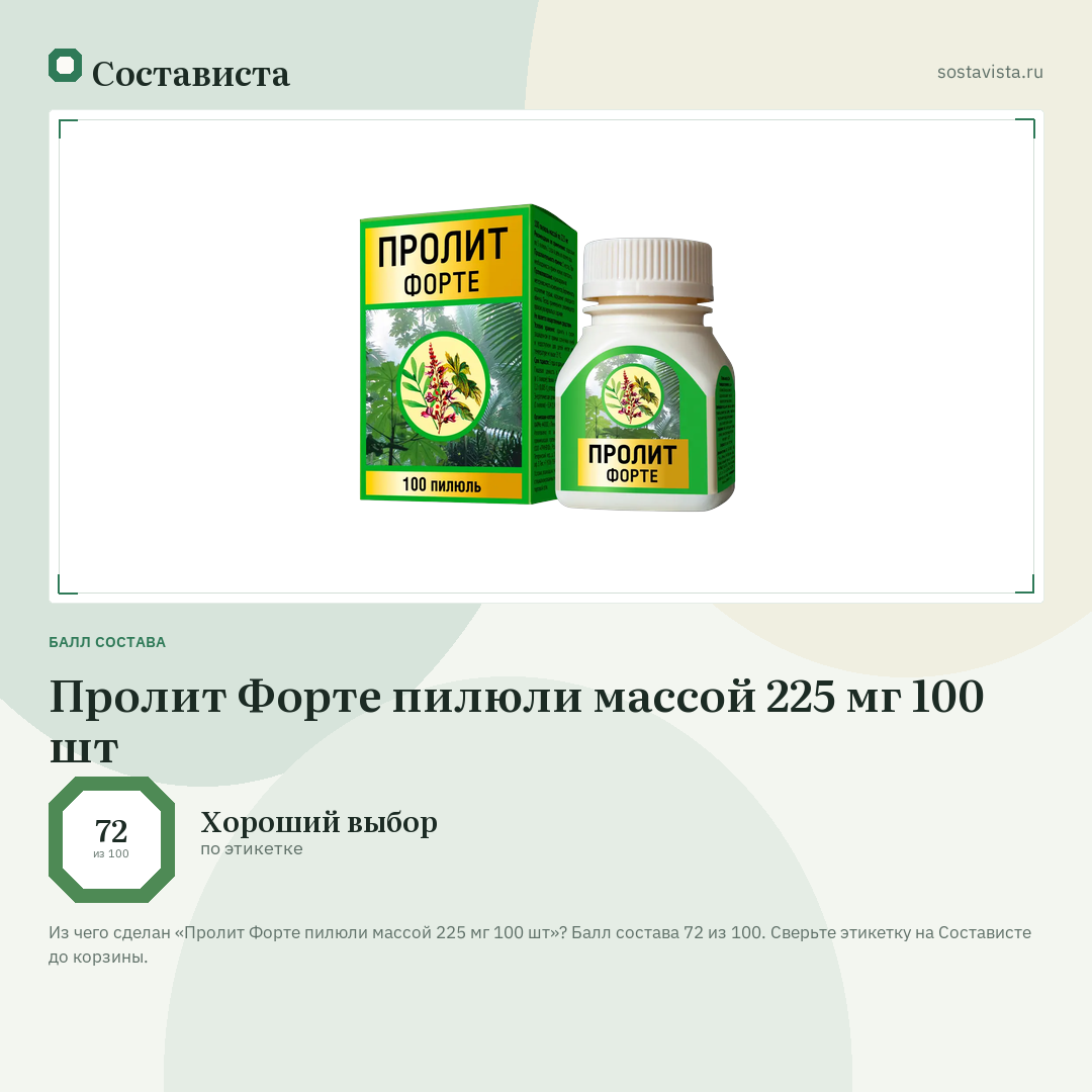 Пролит Форте пилюли массой 225 мг 100 шт: балл состава 72 из 100 — Состависта