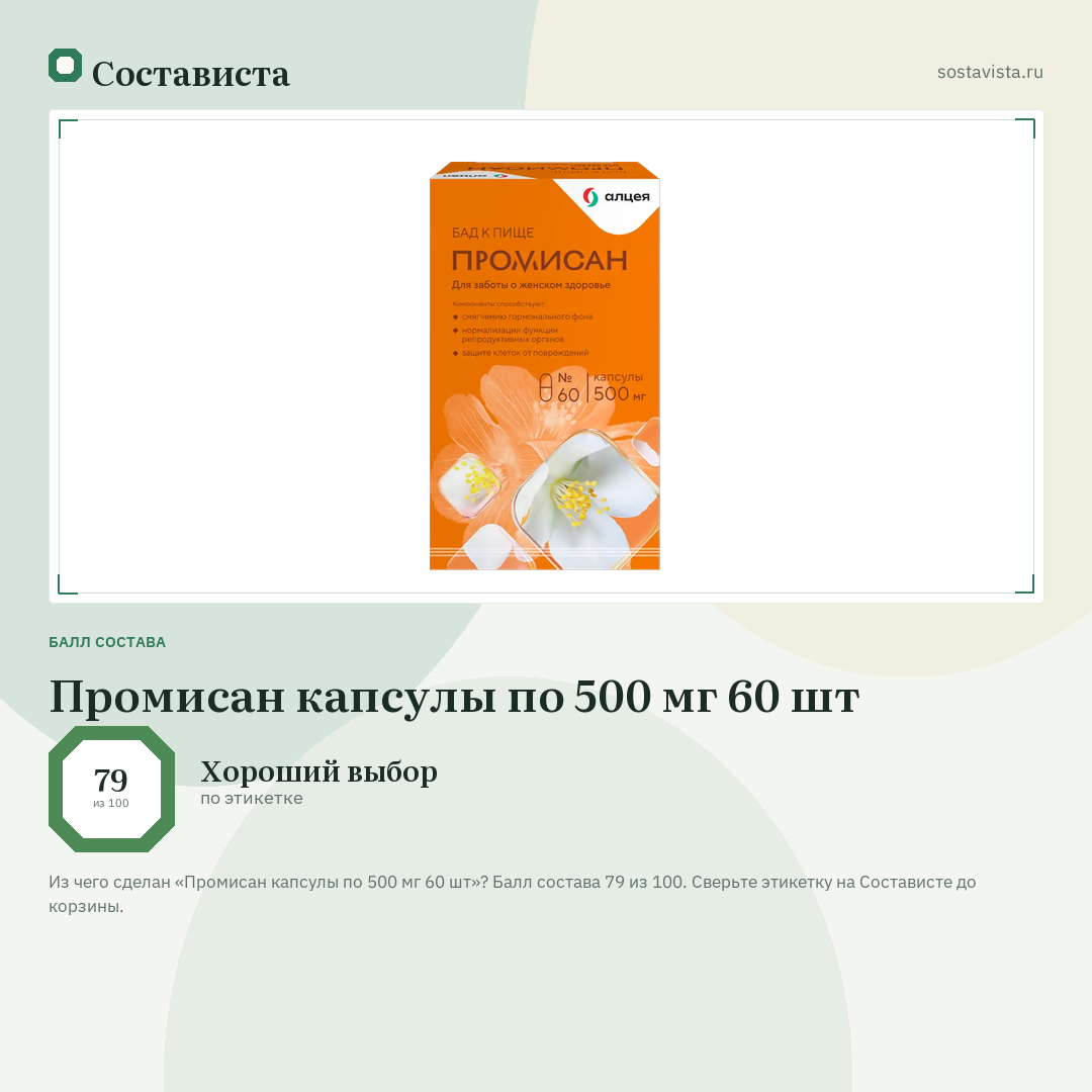 Промисан капсулы по 500 мг 60 шт: балл состава 79 из 100 — Состависта