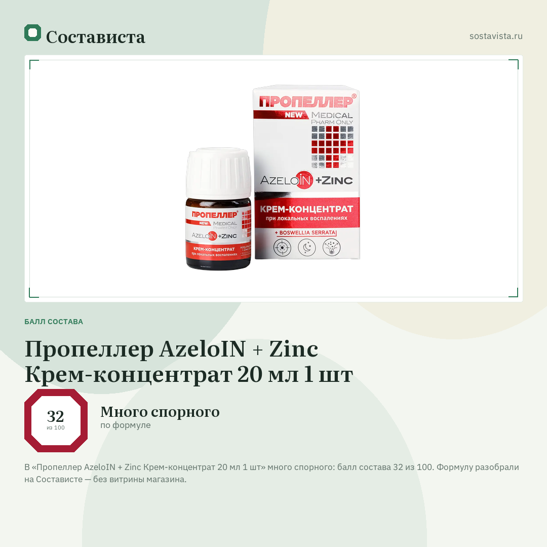 Пропеллер AzeloIN + Zinc Крем-концентрат 20 мл 1 шт: балл состава 32 из 100 — Состависта