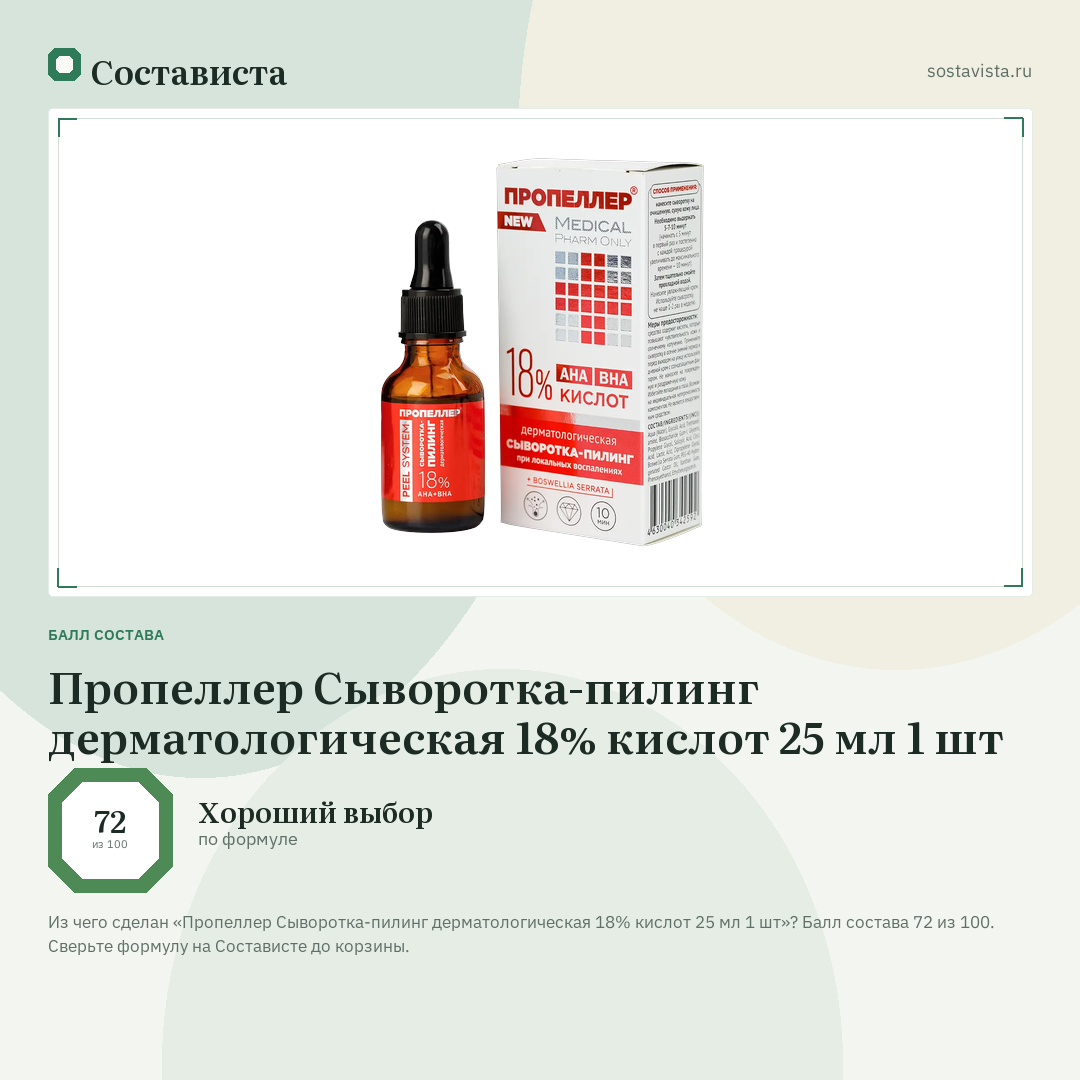 Пропеллер Сыворотка-пилинг дерматологическая 18% кислот 25 мл 1 шт: балл состава 72 из 100 — Состависта