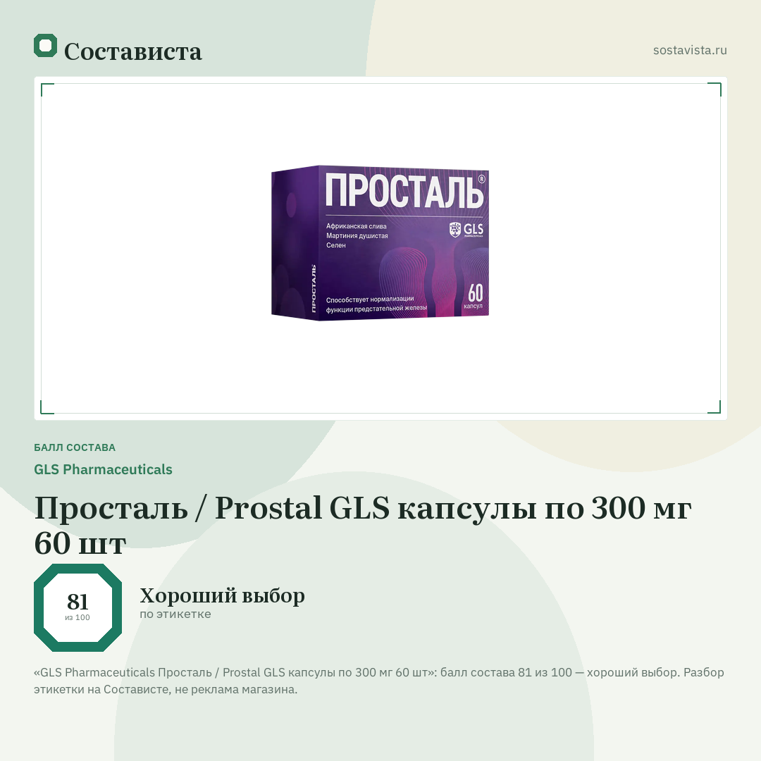 GLS Pharmaceuticals Просталь / Prostal GLS капсулы по 300 мг 60 шт: балл состава 81 из 100 — Состависта