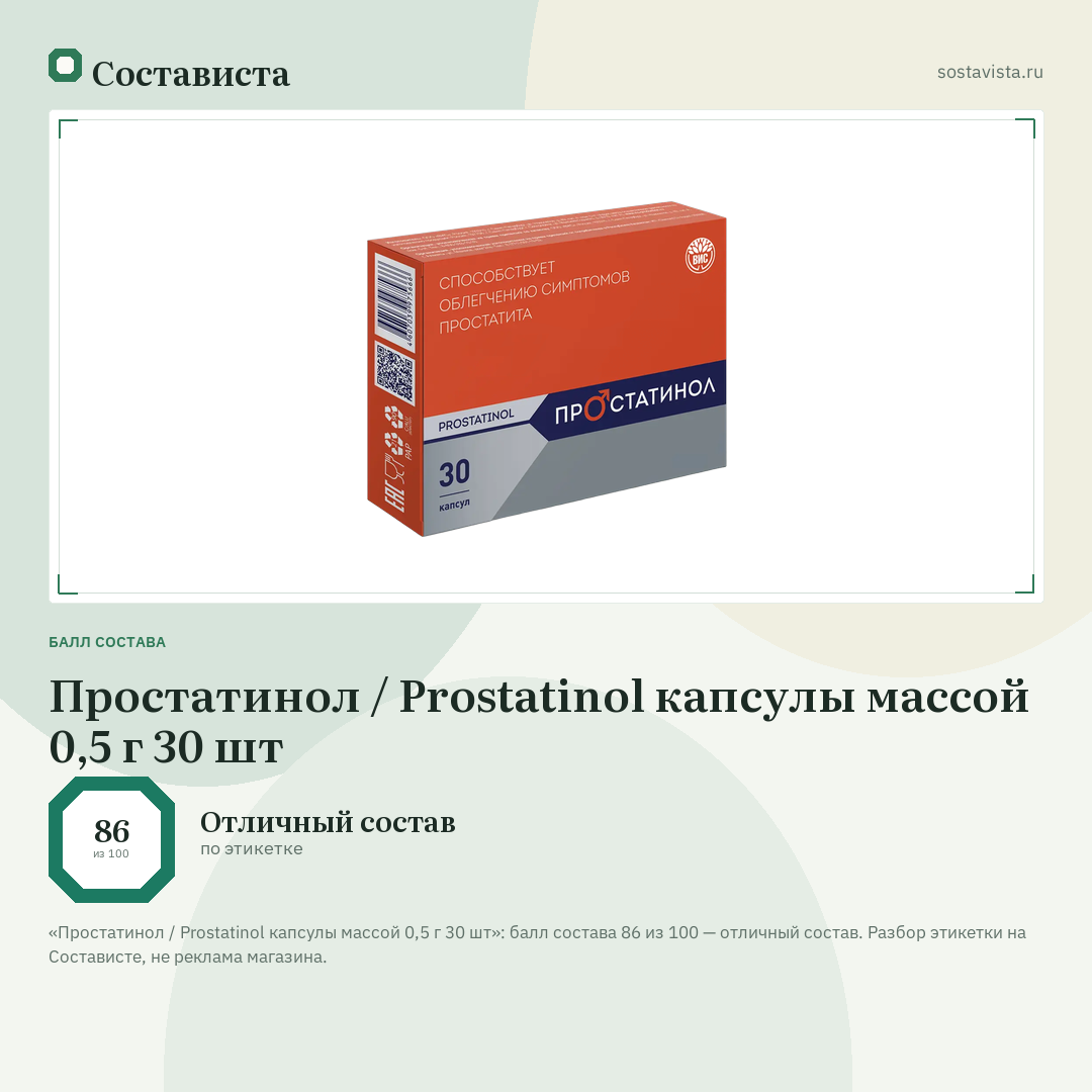 Простатинол / Prostatinol капсулы массой 0,5 г 30 шт: балл состава 86 из 100 — Состависта
