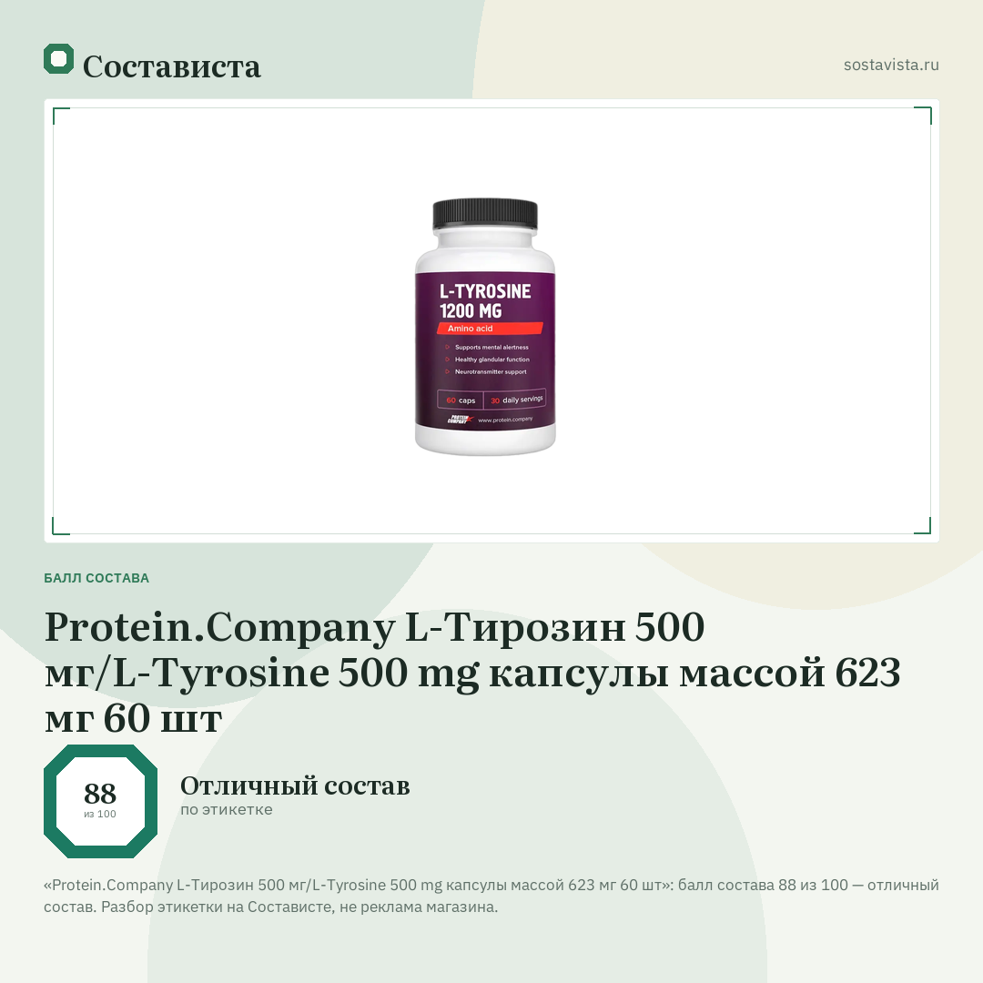 Protein.Company L-Тирозин 500 мг/L-Tyrosine 500 mg капсулы массой 623 мг 60 шт: балл состава 88 из 100 — Состависта