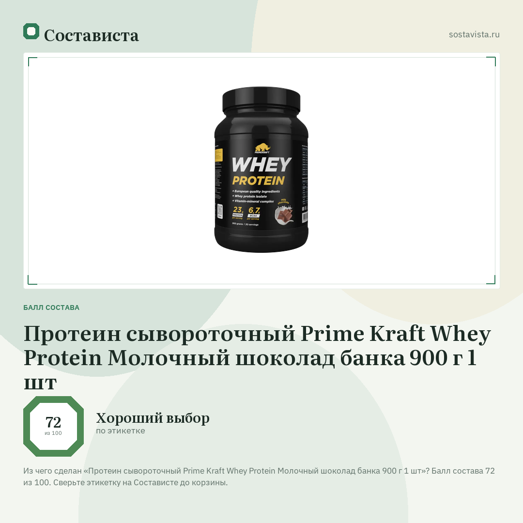 Протеин сывороточный Prime Kraft Whey Protein Молочный шоколад банка 900 г 1 шт: балл состава 72 из 100 — Состависта