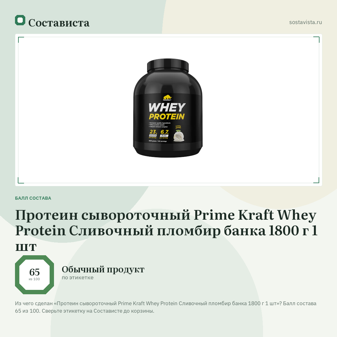 Протеин сывороточный Prime Kraft Whey Protein Сливочный пломбир банка 1800 г 1 шт: балл состава 65 из 100 — Состависта
