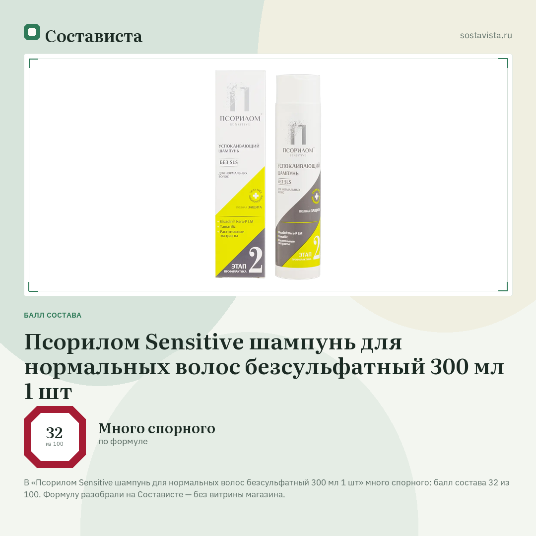 Псорилом Sensitive шампунь для нормальных волос безсульфатный 300 мл 1 шт: балл состава 32 из 100 — Состависта