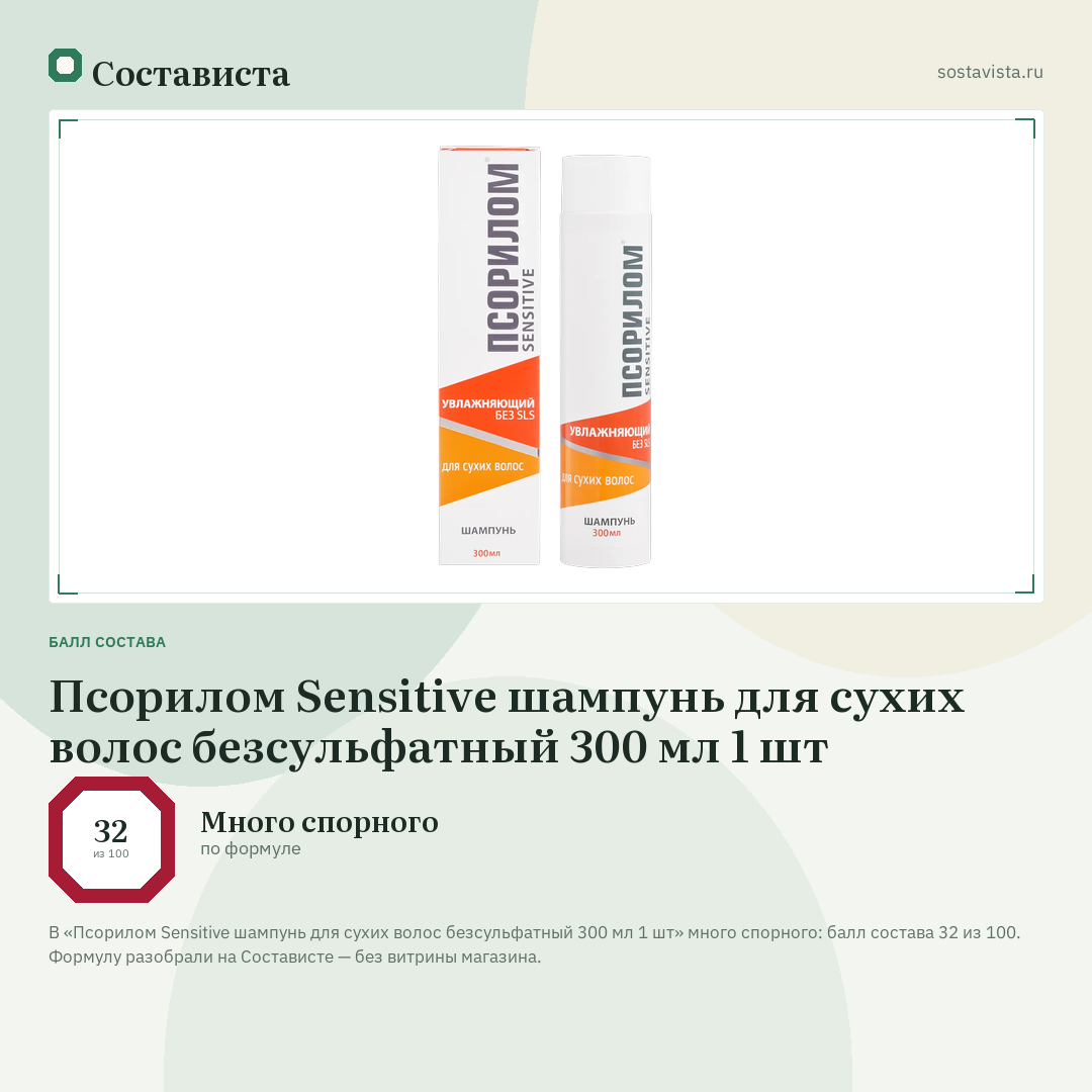 Псорилом Sensitive шампунь для сухих волос безсульфатный 300 мл 1 шт: балл состава 32 из 100 — Состависта