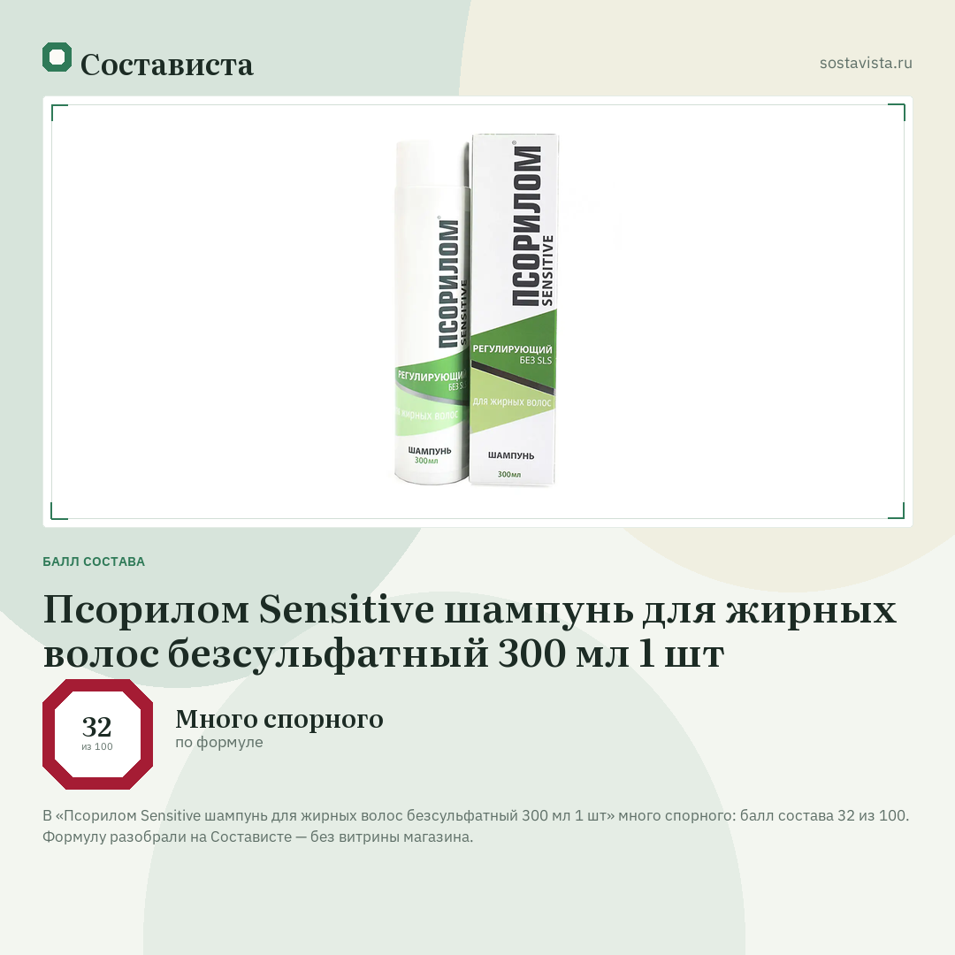 Псорилом Sensitive шампунь для жирных волос безсульфатный 300 мл 1 шт: балл состава 32 из 100 — Состависта