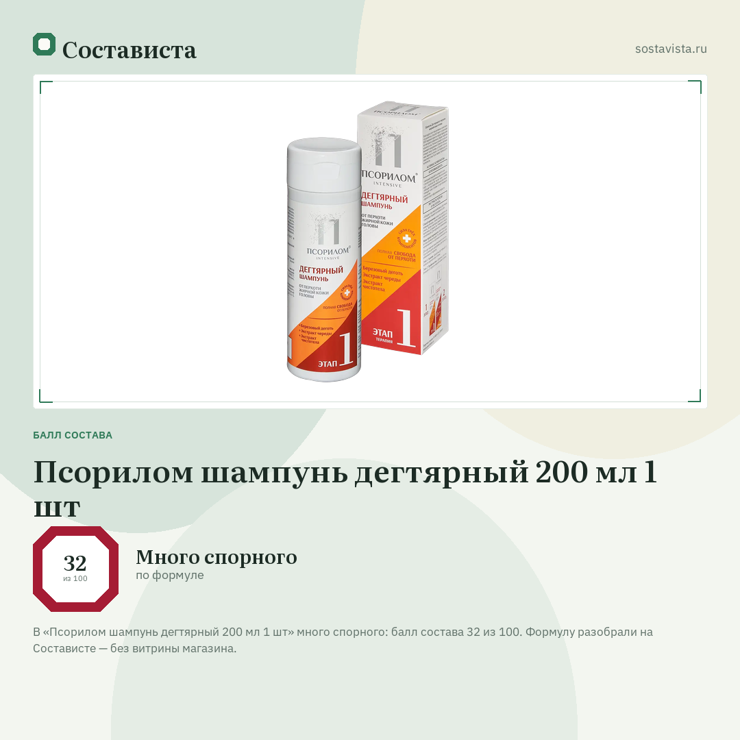 Псорилом шампунь дегтярный 200 мл 1 шт: балл состава 32 из 100 — Состависта