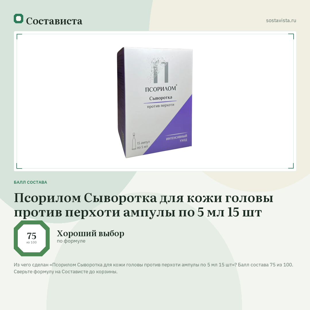 Псорилом Сыворотка для кожи головы против перхоти ампулы по 5 мл 15 шт: балл состава 75 из 100 — Состависта