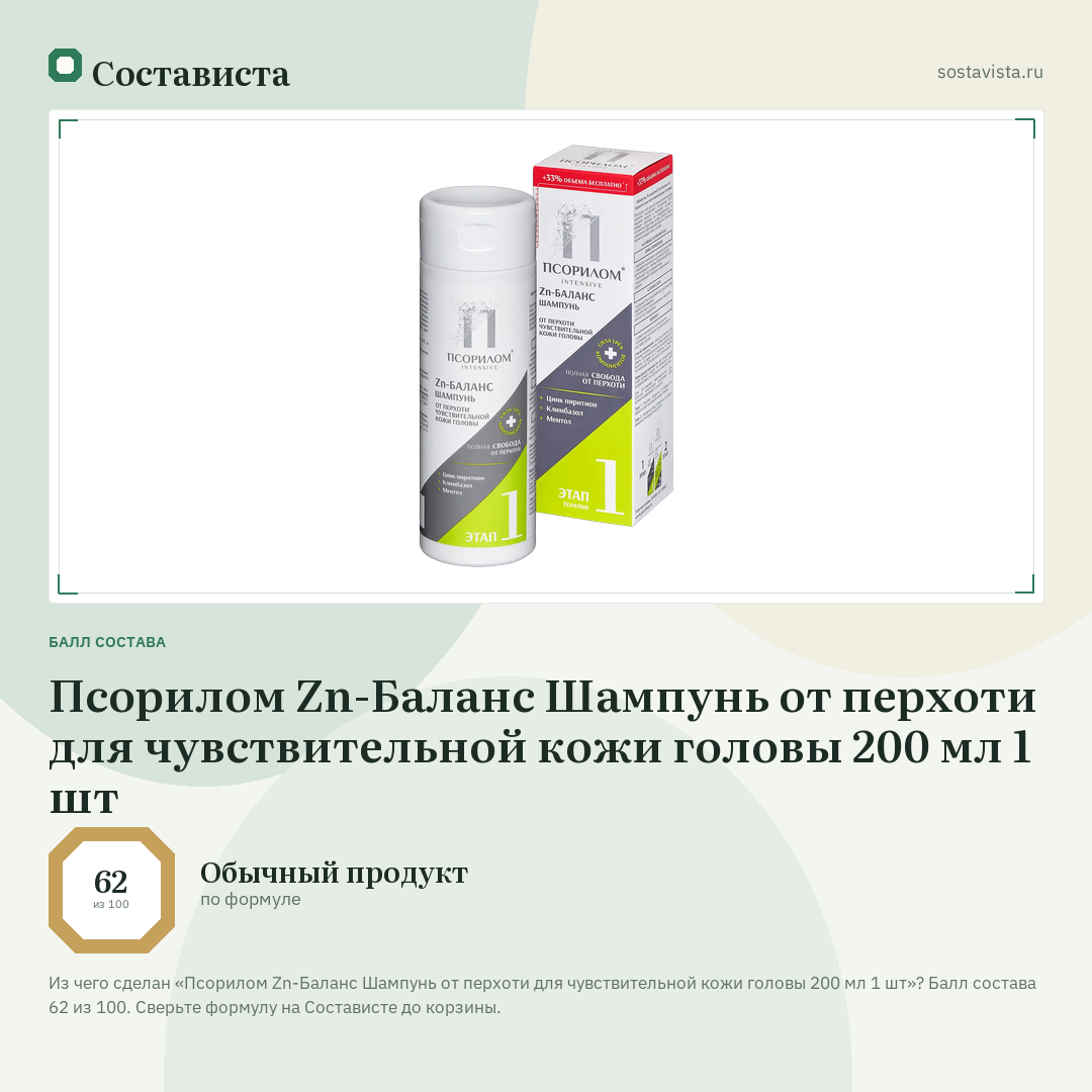 Псорилом Zn-Баланс Шампунь от перхоти для чувствительной кожи головы 200 мл 1 шт: балл состава 62 из 100 — Состависта