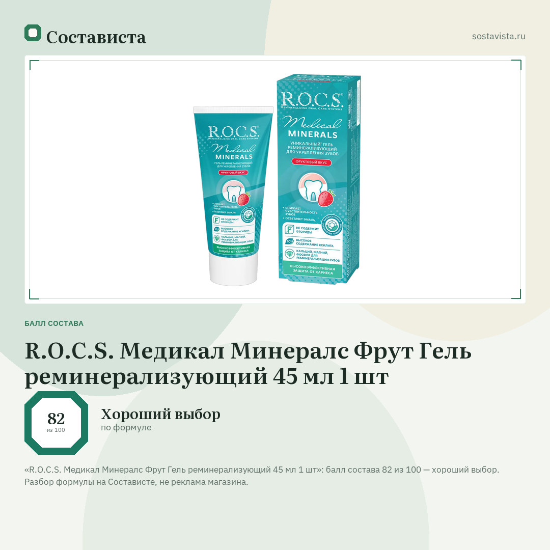 R.O.C.S. Медикал Минералс Фрут Гель реминерализующий 45 мл 1 шт: балл состава 82 из 100 — Состависта